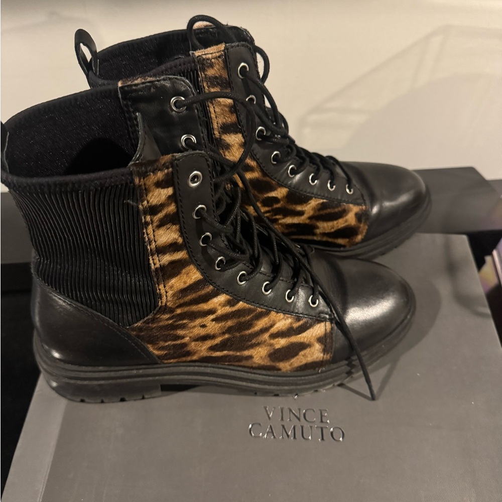 Vince Camuto Black and Animal Print Lace-Up Boots